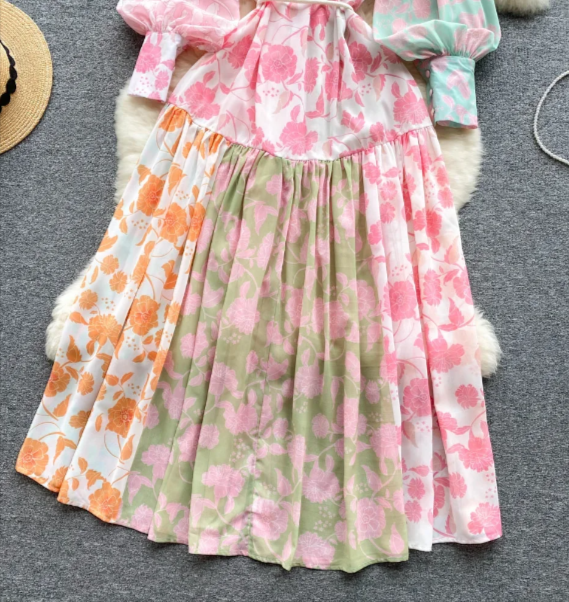 Floral Printed Cuffed Sleeves High Neck Belted Fit & Flare Maxi Dress