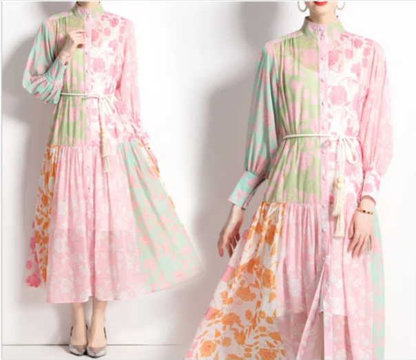 Floral Printed Cuffed Sleeves High Neck Belted Fit & Flare Maxi Dress