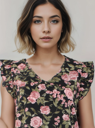 Fashion Summer Floral Print Ruffle Sleeve V-Neck