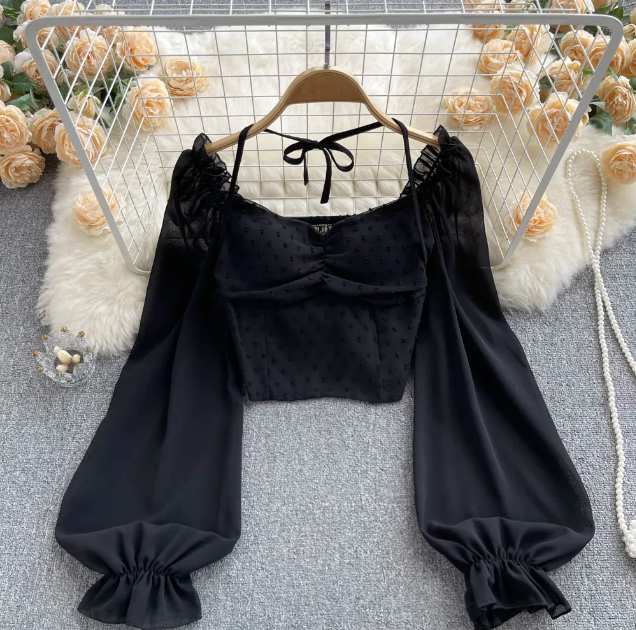 Polka Dot Folds Short Blouse Long Sleeve Elastic Waist Fashion French Beach Top