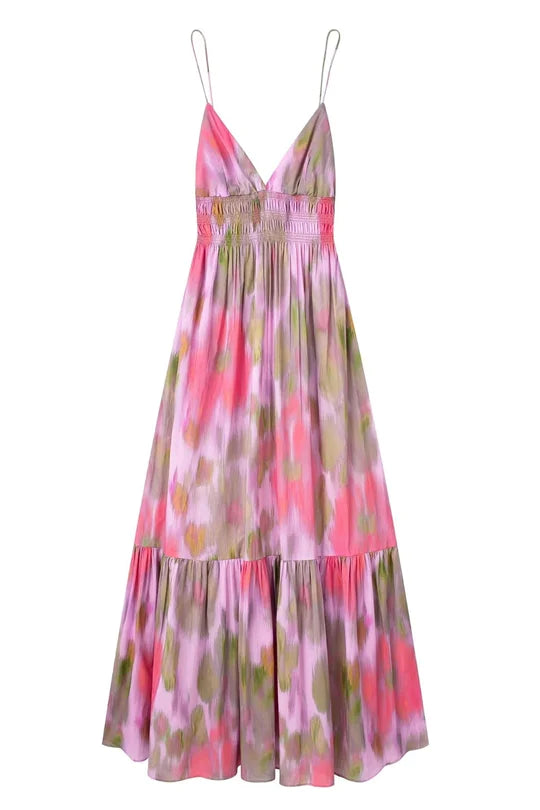 Women Fashion Printed Elastic Waist Backless Lace Up Midi Dress