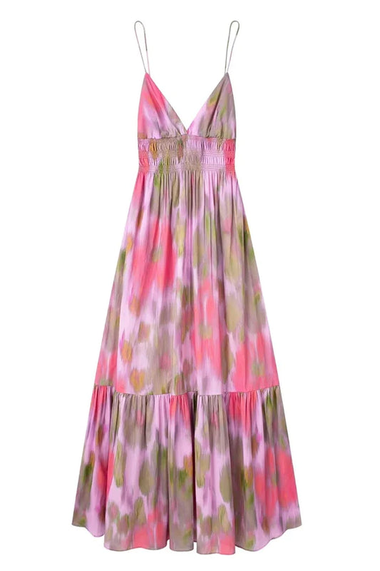 Women Fashion Printed Elastic Waist Backless Lace Up Midi Dress