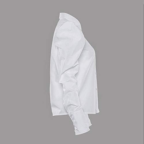 Women's Shirt Long Puff Sleeves Lapel Single Breasted White Cotton Straight Blouse