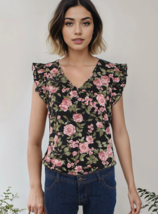 Fashion Summer Floral Print Ruffle Sleeve V-Neck