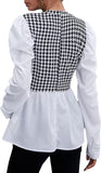 Women Elegant Houndstooth Shirt Fashion Ruffle Stitching Fluffy Long Sleeve Top