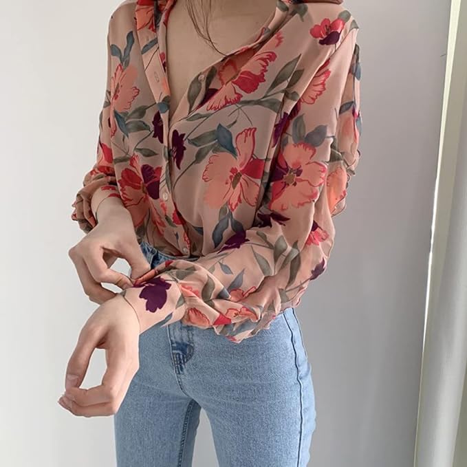 Women's Fashion Floral Print V-Neck Long Sleeve Chiffon Shirt