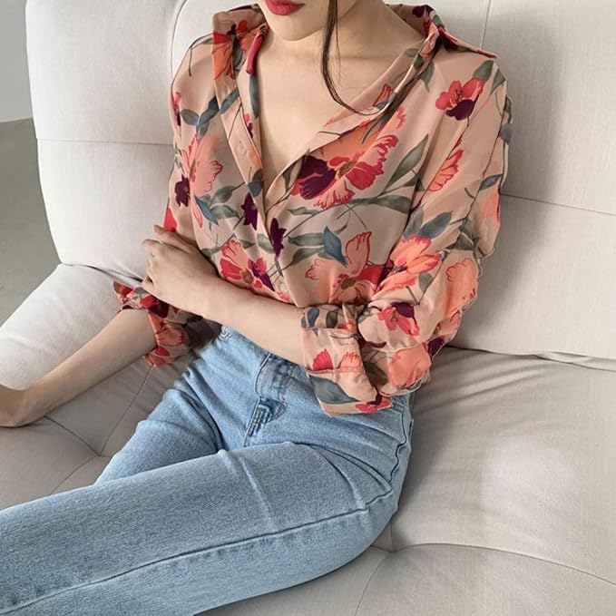 Women's Fashion Floral Print V-Neck Long Sleeve Chiffon Shirt