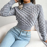 Women Casual Hollow Out Long Sleeve Knitted Pullovers And Sweaters Crop Top