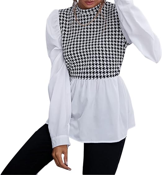 Women Elegant Houndstooth Shirt Fashion Ruffle Stitching Fluffy Long Sleeve Top