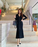 Vintage Korean Maxi Dresses for Women Party Long Sleeve V-neck