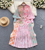 Floral Printed Cuffed Sleeves High Neck Belted Fit & Flare Maxi Dress