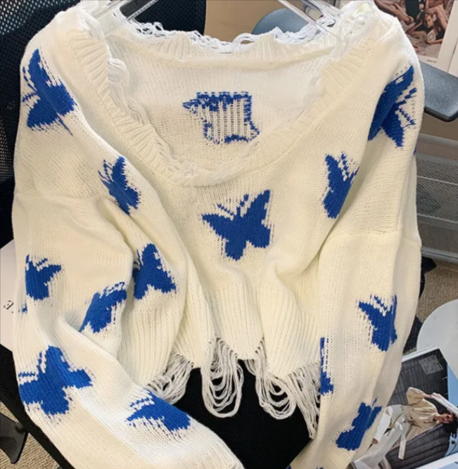 Fashion Graphic Knitted Sweater Oversized Cropped Tops Off Shoulder