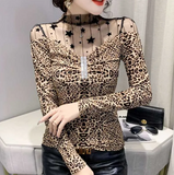 Fashion Gauze Hollow Out Diamonds Folds Leopard Blouses