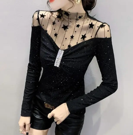 Fashion Gauze Hollow Out Diamonds Folds Leopard Blouses
