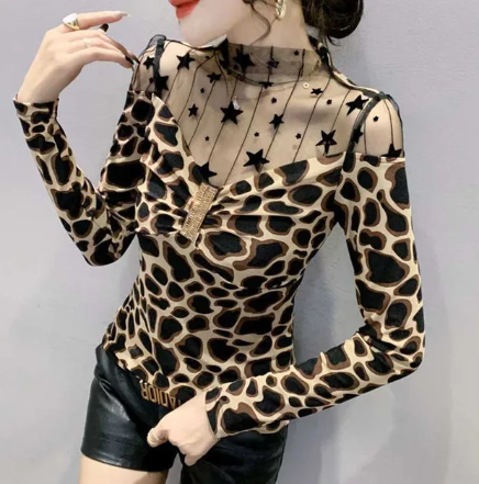 Fashion Gauze Hollow Out Diamonds Folds Leopard Blouses