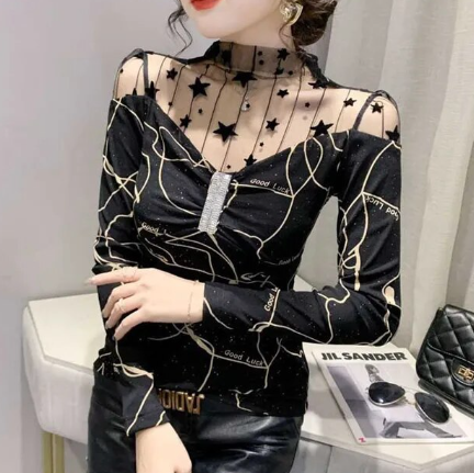 Fashion Gauze Hollow Out Diamonds Folds Leopard Blouses
