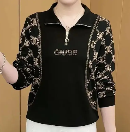 Fashion Printed Spliced Zipper Diamonds Blouse