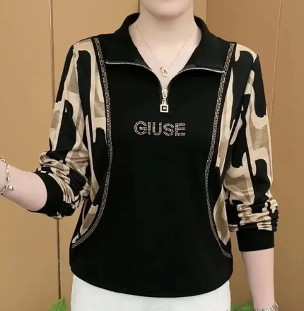 Fashion Printed Spliced Zipper Diamonds Blouse