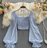 Polka Dot Folds Short Blouse Long Sleeve Elastic Waist Fashion French Beach Top