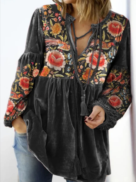 Vintage Print V Neck Long Sleeve Elastic Cuff Velvet Top