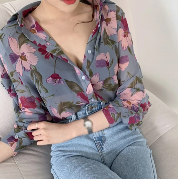Women's Fashion Floral Print V-Neck Long Sleeve Chiffon Shirt