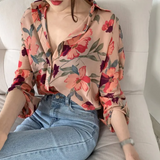 Women's Fashion Floral Print V-Neck Long Sleeve Chiffon Shirt
