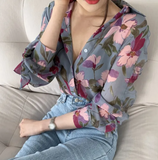 Women's Fashion Floral Print V-Neck Long Sleeve Chiffon Shirt