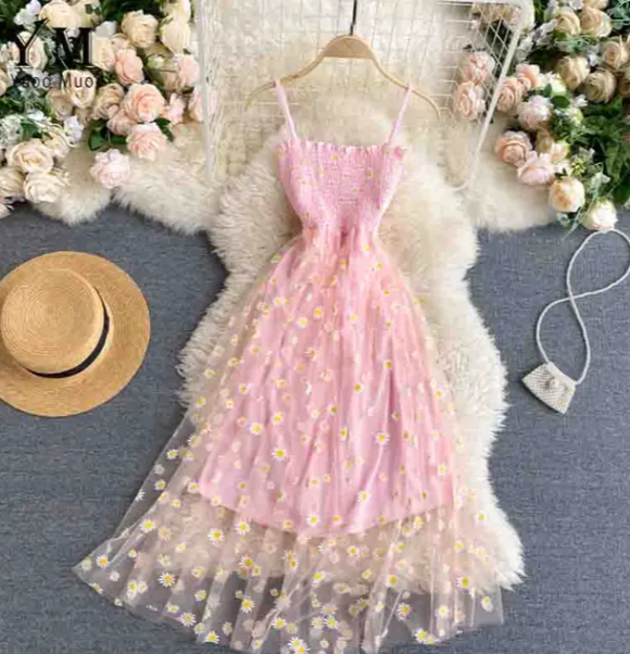 Daisy Flower Print Mesh Party Dress