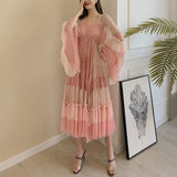 Woman Dress Pink Cake With Lined Mesh Flare Sleeve Drawstring Waist Elegant Fashion Beach Style 2024 New Summer