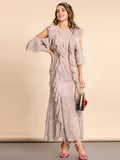 Butterfly Sleeve Ruffle Embroidered Midi Backless Dress