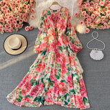 Elegant Bat Sleeve Rose Print Bohemian Long Maxi Dress