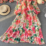 Elegant Bat Sleeve Rose Print Bohemian Long Maxi Dress