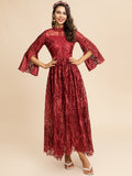 Flare Sleeve Lace Mesh Long Dress